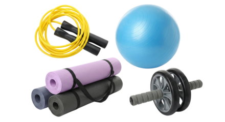 Fitness equipment collection isolated on plain background for healthy lifestyle pursuits