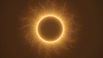 Glowing central dark disk emitting bright golden ring and filaments in abstract space, with specks