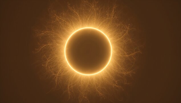 Glowing central dark disk emitting bright golden ring and filaments in abstract space, with specks
