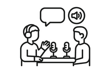 Live podcast interview session with two hosts speaking into microphones