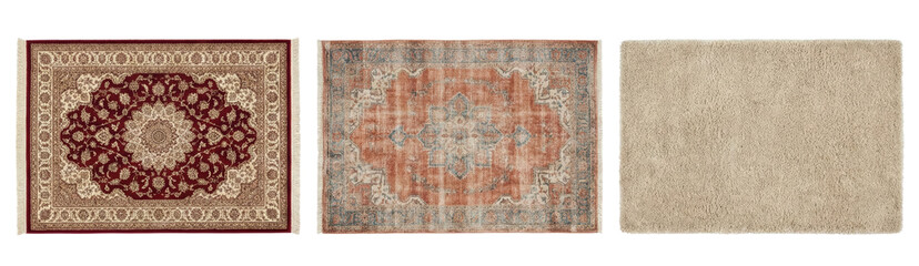 Fototapeta premium three distinct rugs displaying varied designs and textures on an isolated transparent background