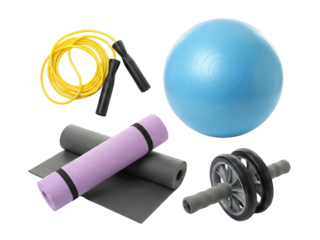 Collection of assorted fitness equipment for a comprehensive workout session isolated on a plain