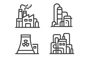 Fototapeta premium Outline symbols of industrial facilities including factory, refinery, and nuclear power plant