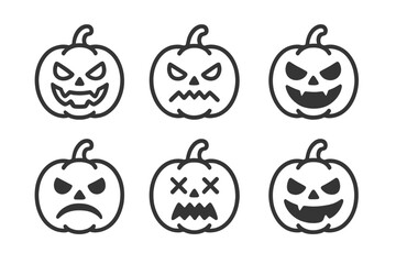Six spooky Halloween pumpkins showing different angry and scary jack-o'-lantern faces