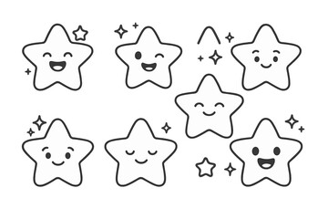 Collection of seven outline stars featuring cheerful faces and sparkling details