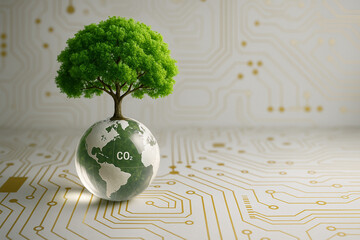 AI generated green tree growing on glass globe over digital circuit background symbolizing sustainable technology clean energy and global environmental innovation