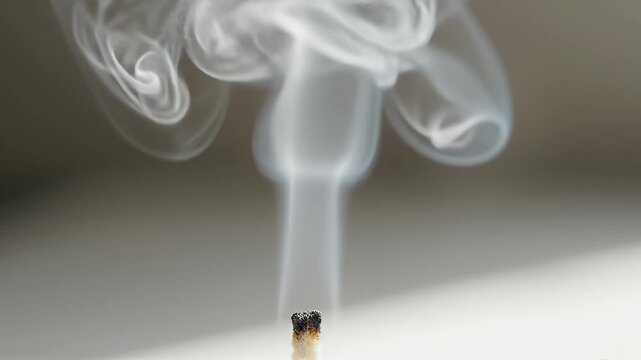 Close-up of white smoke rising from a burnt match tip. Abstract swirling patterns of grey fumes curling in the air against a blurred background. Extinguished fire concept