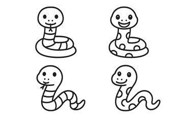 Four simple black and white outline cute smiling cartoon snake characters set