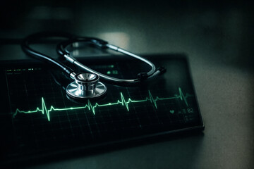 AI generated digital medical stethoscope on heart rate monitor showing live cardiac waveform for modern healthcare diagnosis and patient monitoring technology