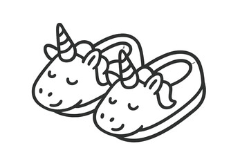 Adorable pair of cartoon unicorn slippers with horns and bows, simple black and white line art