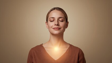 Smiling adult woman in brown V-neck closing eyes, breathing in studio, glowing sternum light