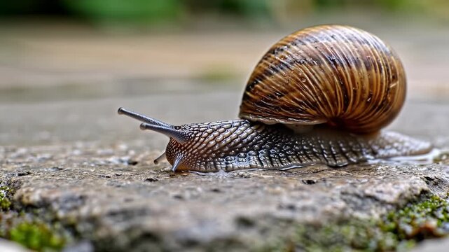 Macro close-up of a brown garden snail crawling on a wet stone. Gastropod moving slowly with spiral shell and tentacles in a garden. Nature and wildlife concept