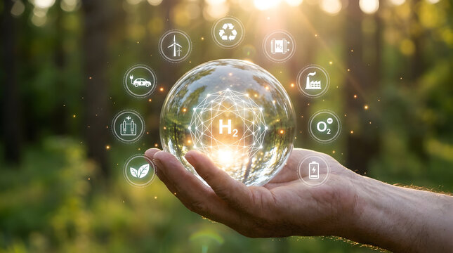 Hand Holding Clear Sphere with H2 Symbol Representing Green Hydrogen