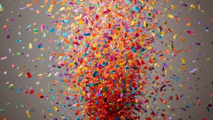 Bursting dense vertical cloud of multicolored confetti and streamers, filling studio backdrop