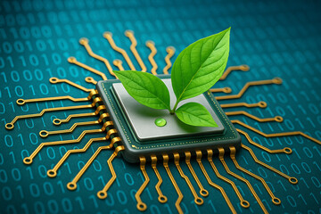 AI generated green leaves on microchip with golden circuits over binary data symbolizing sustainable computing eco innovation and clean energy technology future