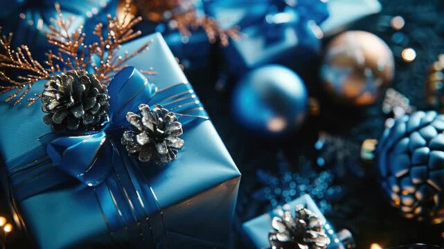 Christmas themed featuring blue gift wrapped presents tied with a bow and accompanied by a shiny ornament. The background is festive and colorful, perfect for holiday celebrations.