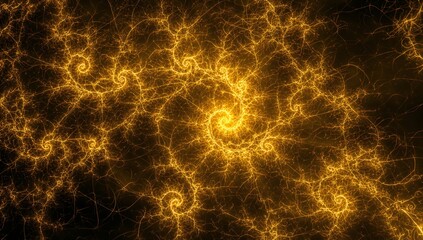 Radiating golden fractal spirals with filaments weaving on digital canvas, bright cores pulsing