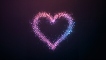 Floating heart-shaped particle cluster glowing with pink and blue sparkles over dark gradient, halo