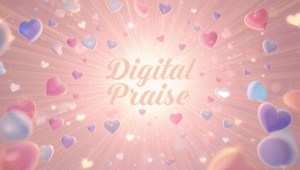 Glittering centered text Digital Praise radiating in pastel backdrop with 3D hearts and sunburst
