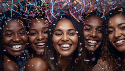 Smiling five women leaning together, celebrating at studio party with confetti and sequined tops