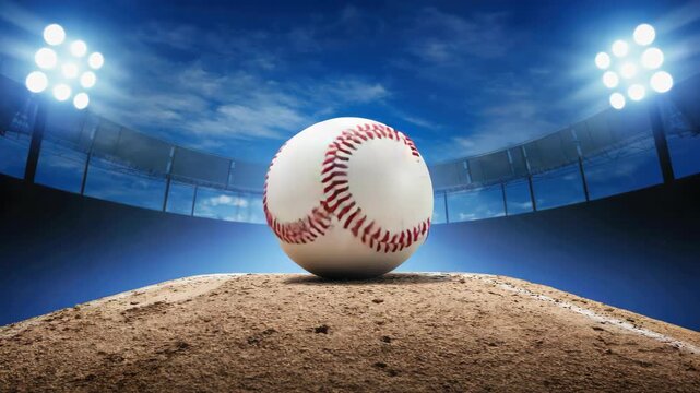A baseball with red stitching on a dirt pitcher's mound. The sky is blue with clouds and stadium lights are on.