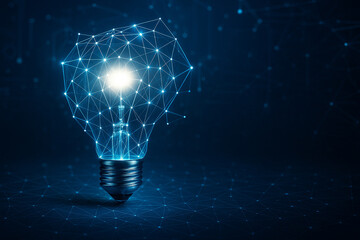 AI generated glowing light bulb formed by connected digital nodes and data lines on blue background symbolizing innovation artificial intelligence smart technology and big data power