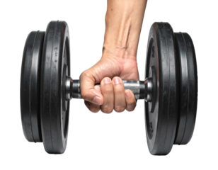 Hand holding a heavy black dumbbell, representing fitness and strength training Isolated on transparent or white, Cut out