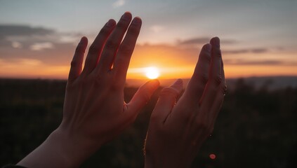 Framing pair of hands cupping low sun near horizon, with treeline, dark sleeve and lens flare