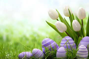 Purple Striped Easter Eggs Nestled in Green Grass with White Tulips