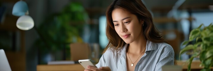 Young asian female using smartphone in cozy home office environment