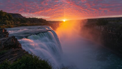 Plunging waterfall and river curtain cascading over cliff into mist-filled gorge, sun at horizon