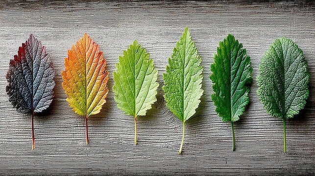 Wood-toned autumn close-up: four unique leaves in red-orange-green staggered on coarse-grain wood, soft low-contrast light, hi-res for journal illo, wrap paper, phone wallpaper