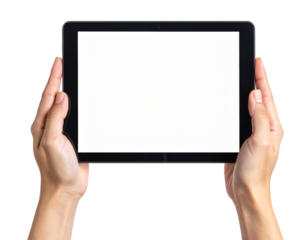 Hands holding a horizontal tablet with a blank white screen mockup Isolated on transparent or white, Cut out