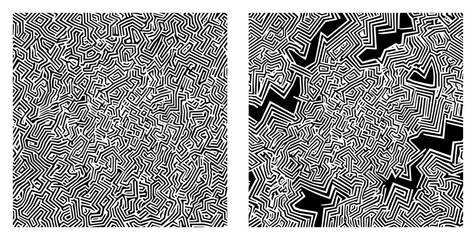 Abstract Geometric Labyrinth Pattern Vector Set with Optical Illusion and Zigzag Camouflage Texture in Black and White © Katarzyna