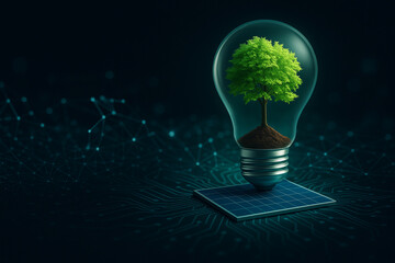 AI generated green tree inside light bulb on solar panel over digital network symbolizing clean energy sustainable technology and future innovation
