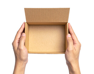 Hands holding an empty open brown cardboard box. Top view delivery concept Isolated on transparent or white, Cut out