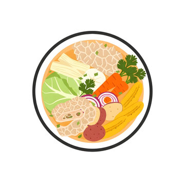 Illustration of a bowl of Mondongo or tripe soup with tripe, carrot, potato, cabbage, plantain, cilantro, onion and spices.