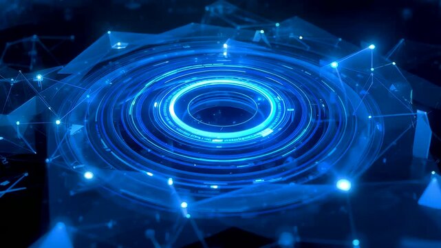 Glowing blue circular digital interface with layered rings and connected points creating advanced technology depth, radiant motion, and immersive abstract design