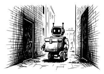Hand drawn autonomous delivery robot vector illustration moving through narrow city alleyway with brick walls sketch