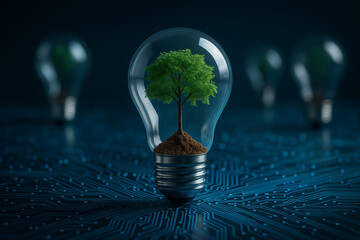 AI generated green tree growing inside light bulb on digital circuit representing sustainable energy smart innovation eco business growth and clean technology future