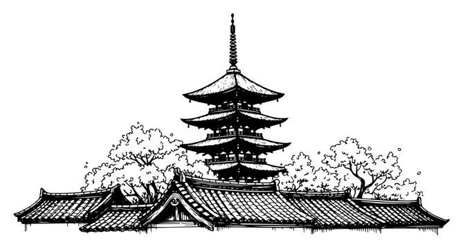 Traditional Japanese pagoda temple architecture with tiered roofs vector illustration in vintage sketch style