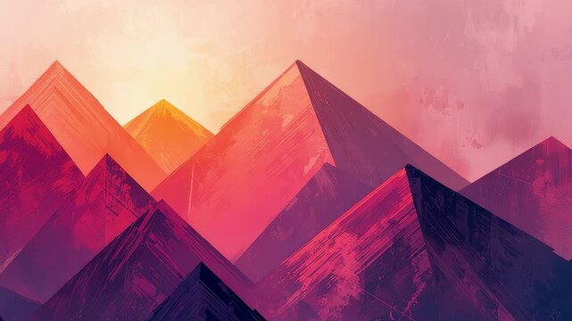 Abstract geometric mountain forms layered in warm sunset colors with sharp peaks and atmospheric light creating artistic depth and modern landscape design