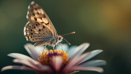 Perching small brown-beige butterfly probing pale pink daisy in garden, showing yellow pollen