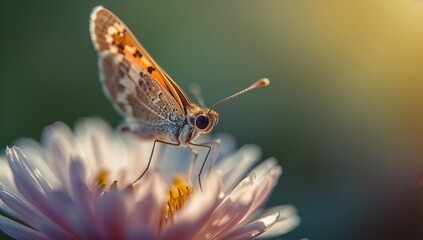Fototapeta premium Perching small orange-brown butterfly showing head detail in garden close-up with pink daisy pollen