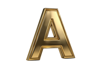 Golden letter A with beveled edges and metallic sheen on black alphabet, Isolated On White Background, Png Transparent
