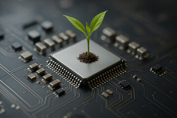 AI generated green seedling growing from a microchip symbolizing sustainable innovation clean technology digital growth and harmony between nature and advanced computing