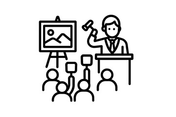 Auctioneer holding a gavel selling artwork to bidders raising their hands in a public auction event