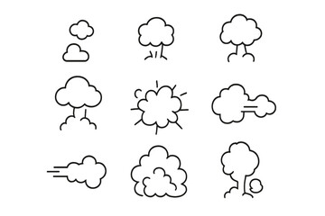 Graphic elements depicting comic style smoke dust cloud and explosion effects