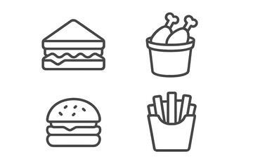 Popular fast food items outline including sandwich, burger, fries, and fried chicken