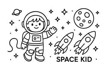 Happy little astronaut waving in space surrounded by stars and rockets